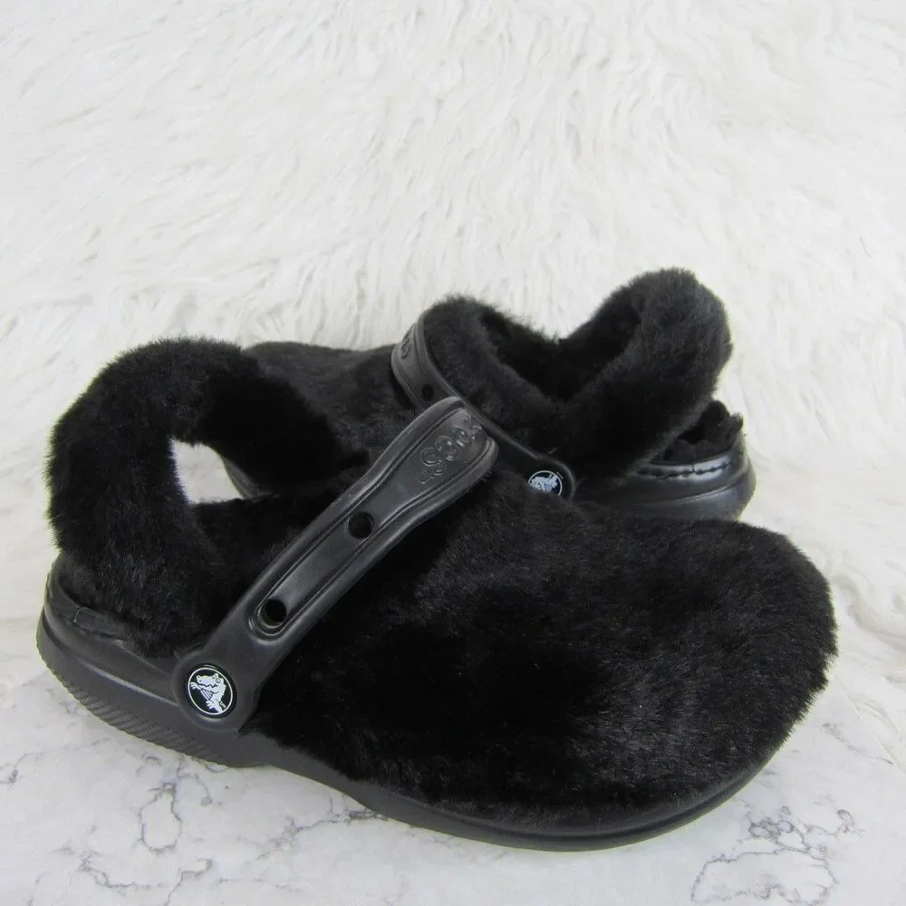 Crocs Classic Fur Sure Clogs Shoes Black Women's Size 6